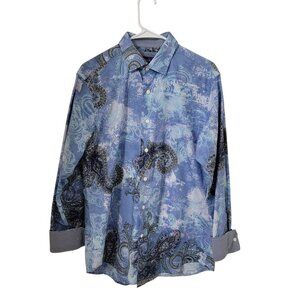 Tallia Size M (15.5) Blue Paisley Long Sleeve Button Down Shirt, Like New